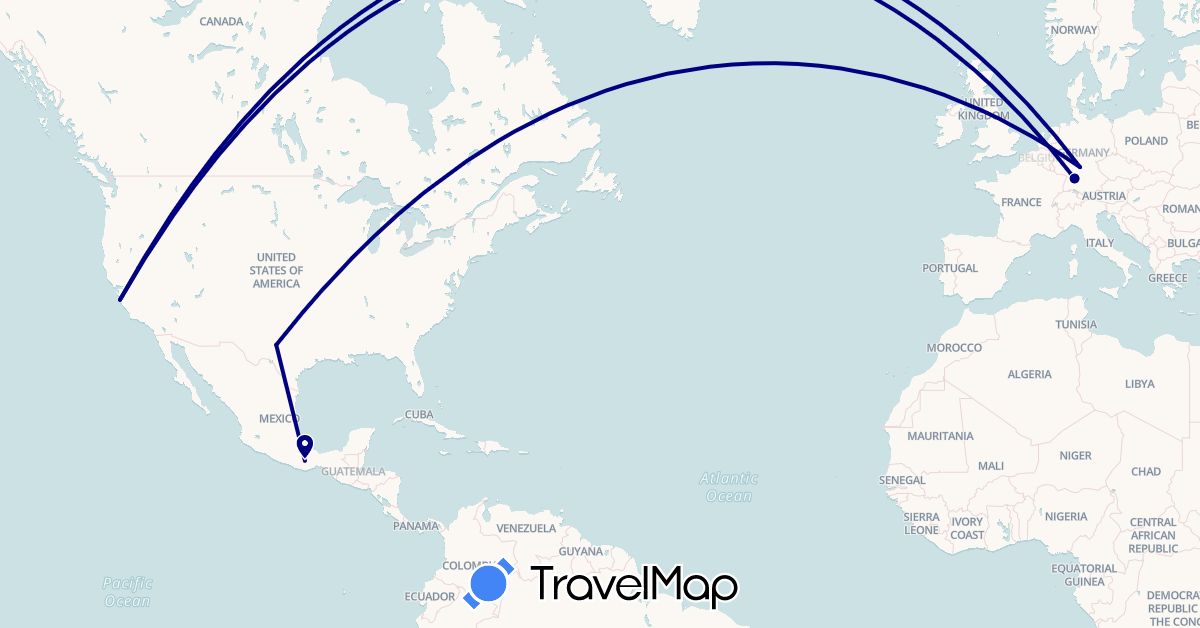 TravelMap itinerary: driving in Germany, Mexico, United States (Europe, North America)